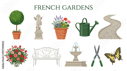 Collection of ten illustrated items related to French gardens arranged in two rows