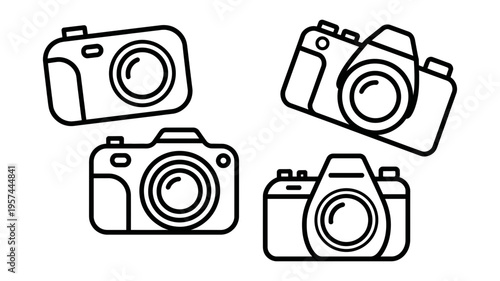 An artistic grouping of four black outline camera icons, dynamically tilted and arranged.