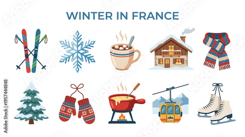 Flat illustration of ten winterthemed icons related to France including ski gear hot chocolate and a ski lift