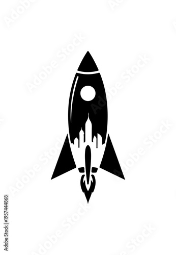 Silhouette of a rocket ship blasting off into space with city skyline silhouette