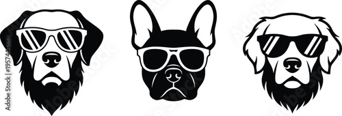 Vector illustration of dog heads wearing sunglasses, bold black design showing cool pets, humorous character art, trendy fashion, and playful style.