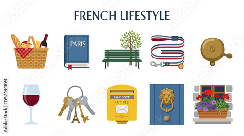 Ten icons representing French lifestyle elements arranged in two rows