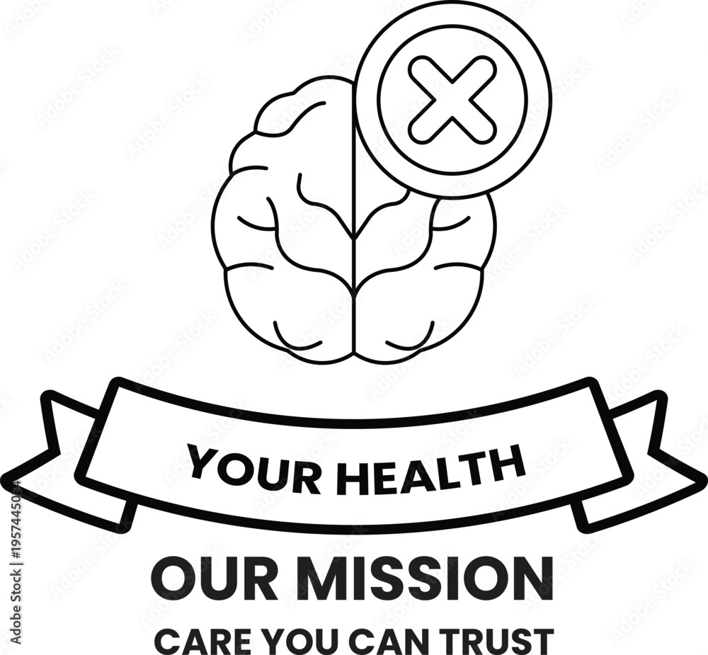 Fototapeta premium Simple outline of a brain with a cross mark above it