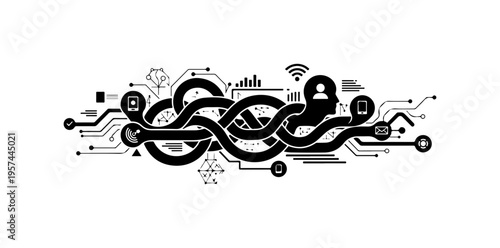 Silhouette of a person surrounded by digital elements and silhouette