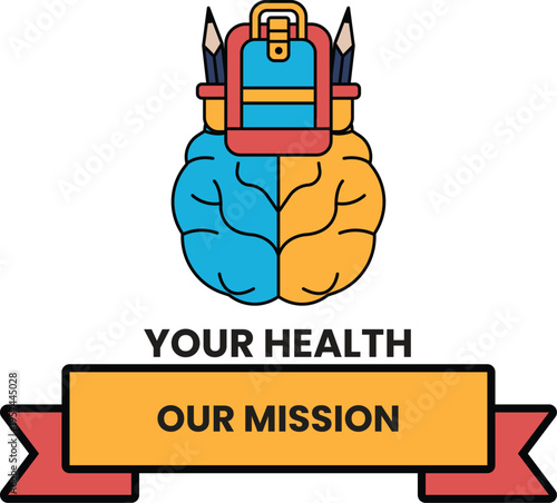 Stylized brain topped with a backpack and pencils