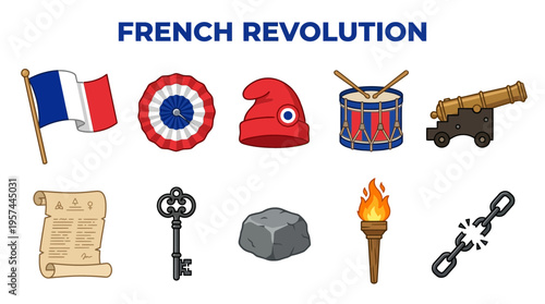 Eight icons related to the French Revolution arranged in two rows
