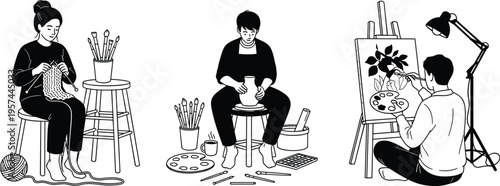 Black and white line art illustration of diverse artists engaged in creative hobbies including knitting yarn, throwing pottery on a wheel, and painting.