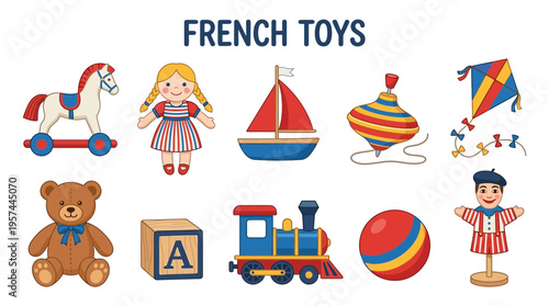 Collection of ten brightly colored illustrations of classic French toys against a white background