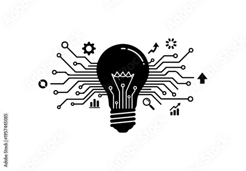 Silhouette of a lightbulb with circuit board and business icons