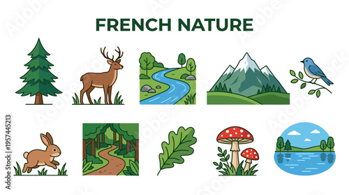 A collection of ten colorful icons illustrating elements of French nature including fauna and landscapes