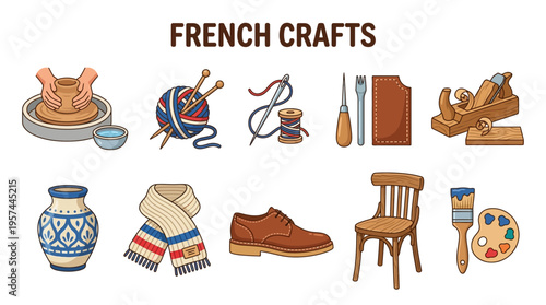 Cartoon illustrations of ten French crafts and associated toolsproducts