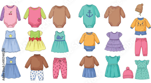 Kids Clothing Set with Dresses Sweaters Pants and Bodysuits, Cute Children Apparel Collection for Fashion Design, Baby Wear, and Illustration