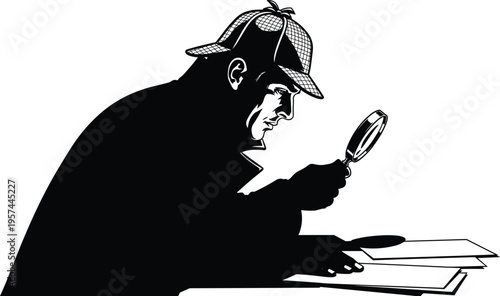 Black and white silhouette of a private detective wearing a deerstalker hat investigating evidence with a magnifying glass on a desk in noir style. (24 words)