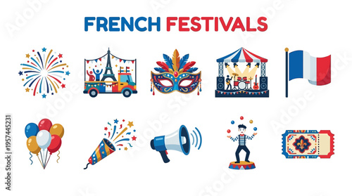 Collection of ten flat style icons representing French festivals and celebrations