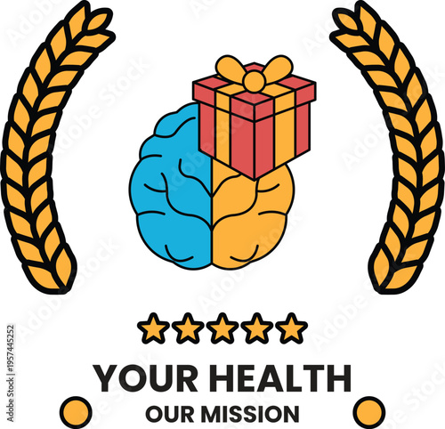 Simple black-and-white design shows a brain with a gift box on top