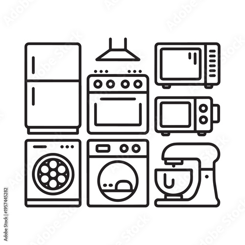 Line drawing depicting various household appliances in a grid layout