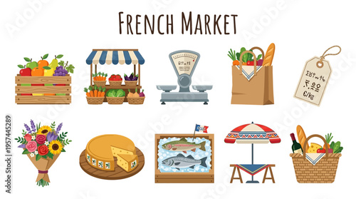 A collection of illustrations representing items found at a French market arranged in two rows