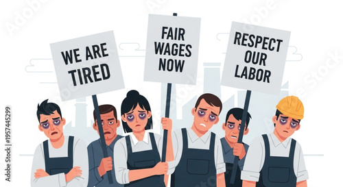 Unhappy Factory Workers Strike Against Low Wages and Exploitation Holding Banners Protest Concept Vector Illustration