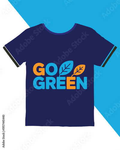 Navy blue tshirt with colorful go green text and leaf design