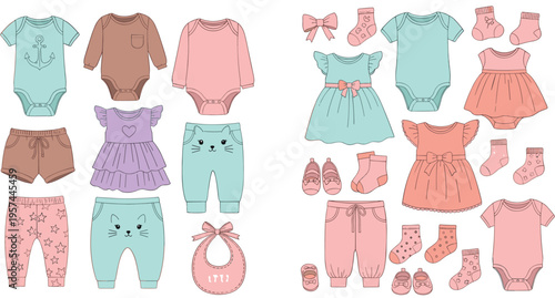 Baby Clothes Set with Bodysuits Dresses Pants Socks and Accessories, Cute Infant Apparel Collection for Newborn Fashion and Kids Illustration Design