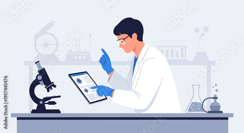Scientist analyzing medical data on tablet in laboratory with microscope and equipment