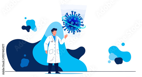Scientist analyzing virus molecule in laboratory, medical research, healthcare concept