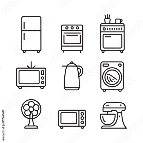 Simple line drawing depicting various common household appliances