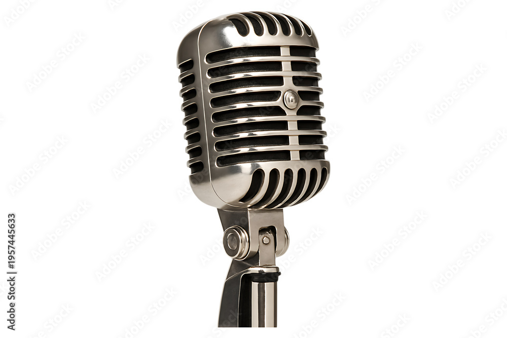 Fototapeta premium Vintage microphone detailed chrome finish on transparent background