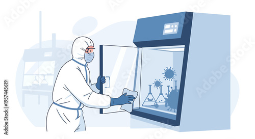 Scientist in Hazmat Suit Cleans Biosafety Cabinet with Viruses and Flasks