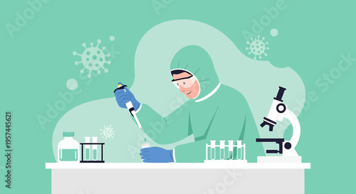 Scientist in Hazmat Suit Conducting Research with Microscope and Test Tubes