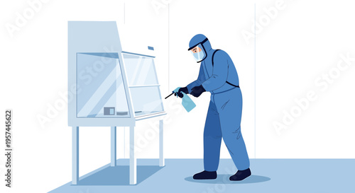 Scientist in Hazmat Suit Disinfecting Biosafety Cabinet in Laboratory