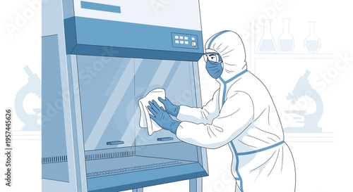 Scientist in hazmat suit cleaning biosafety cabinet in laboratory