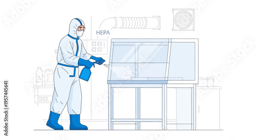 Scientist in Hazmat Suit Disinfecting Laboratory Equipment with Spray Bottle