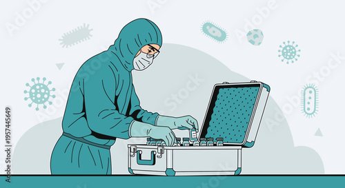 Scientist in Hazmat suit examining samples in a briefcase surrounded by viruses