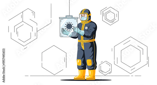Scientist in Hazmat Suit Holding Coronavirus Sample in Laboratory with Scientific Graphics