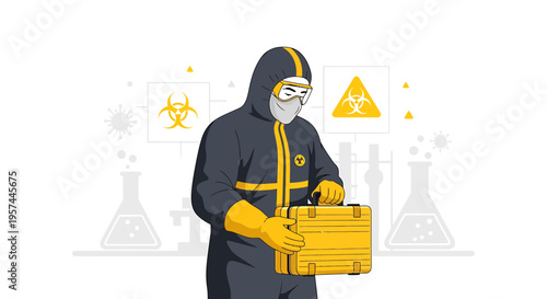 Scientist in Hazmat Suit with Biohazard Briefcase and Lab Equipment