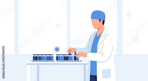 Scientist in Lab Coat Analyzing Test Tubes with Virus Samples