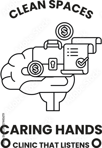 Hand holds brain with money, documents, and a key