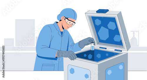 Scientist in lab coat and goggles handling sample in cryogenic freezer