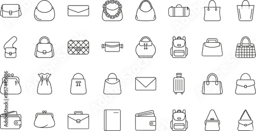 Collection of thirty black and white line icons featuring handbags, backpacks, wallets, clutches, duffel bags, tote bags, coin purses, perfect for fashion, retail, e-commerce, and UI design