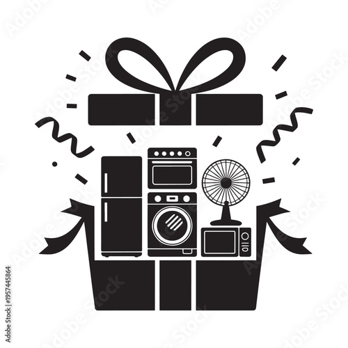 A gift box bursting with various household appliances in black and white