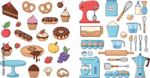 Baking and Dessert Set with Cakes Donuts Mixer Ingredients and Tools, Sweet Food Collection for Bakery, Cooking, and Kitchen Illustration Design