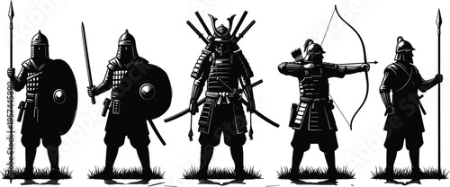 Black and white vector silhouette of Japanese samurai warriors and feudal infantry ashigaru with katanas bows spears and traditional armor on white background