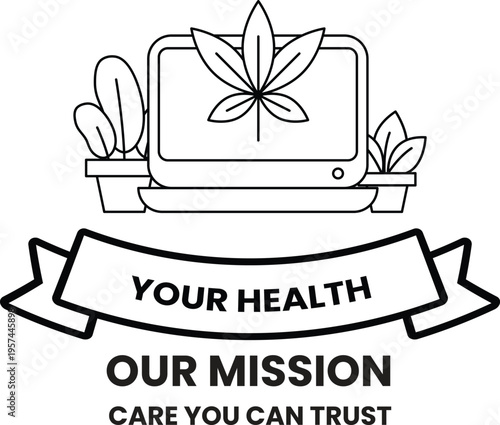 Laptop displays leaf symbol, framed by plants