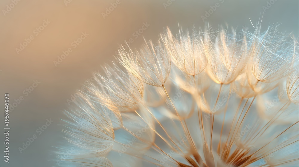 Fototapeta premium A closeup macro of a delicate dandelion showing intricate seeds and fine details. The soft light and pastel background highlight the ethereal beauty of this natural scene.
