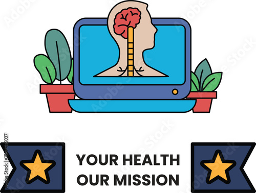 Laptop screen shows human head with brain and lungs