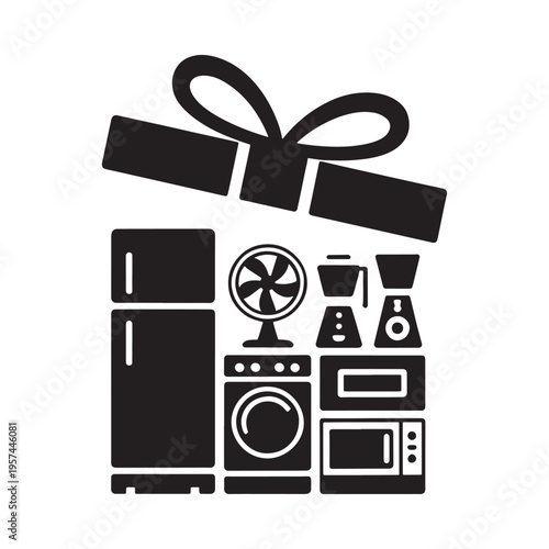 Black silhouette illustration of a gift box with various household appliances