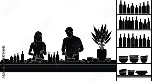 Black silhouette illustration of a man and woman cooking together at a kitchen counter with various bottles shelves plants and kitchenware icons.