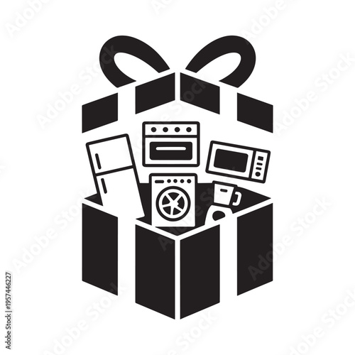 A gift box overflowing with various household appliances in a silhouette