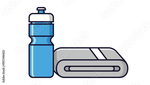 Vector graphic illustration of a blue water bottle and a rolled-up gray towel side by side in simple modern design